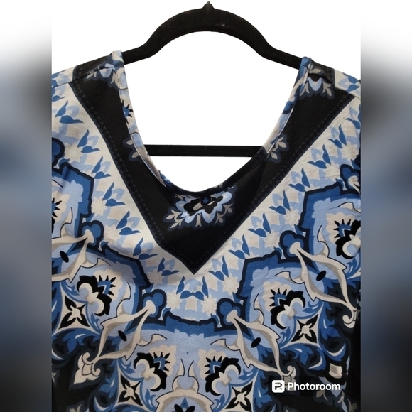 XL Navy Blue Sheer Flowy Sleeve V Neck Tunic Paisley Geometric - Picture 3 of 7